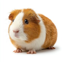Cute, small guinea pig, orange and white fur, sits facing forward against a plain white background