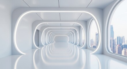 Naklejka premium Modern Futuristic Interior Design with City View