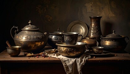 ornate antique brass vessels still life dark background