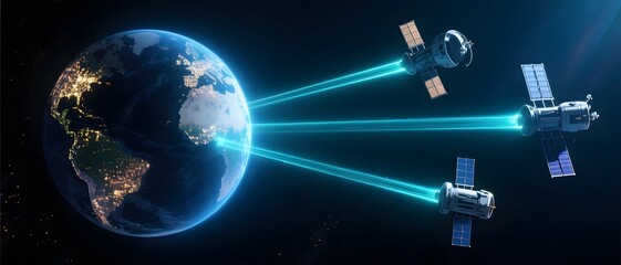Satellites Emitting Blue Beams Towards Earth with City Lights Glowing in Space