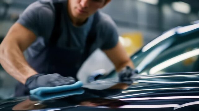 Blurred man polishing a dark car with a blue microfiber cloth and gloves