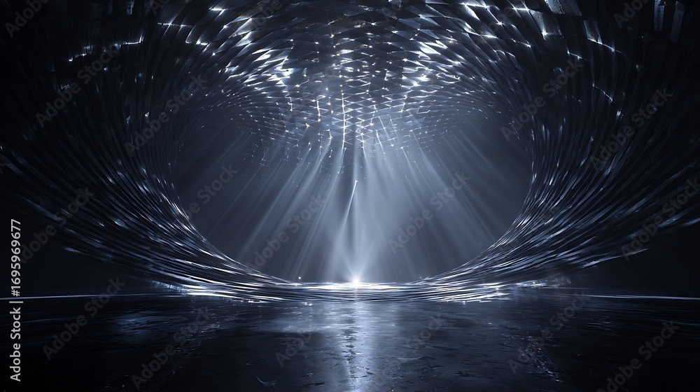Fototapete abstract 3d rendering of a dark cave with a bright light source illuminating the scene from above cr