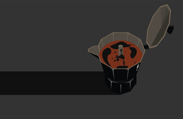 moka pot black coffee americano with foam and bubbles on a dark background View from above vector illustration.