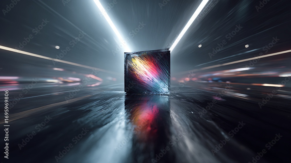 Fototapete abstract 3d rendering of a cube with colorful patterns in a dark environment with motion blur and li