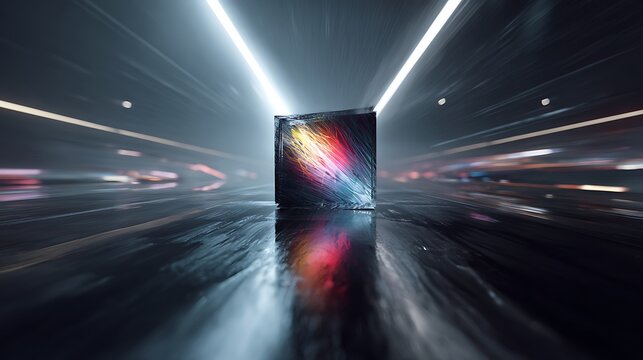 Abstract 3d rendering of a cube with colorful patterns in a dark environment with motion blur and light trails creating a dynamic scene
