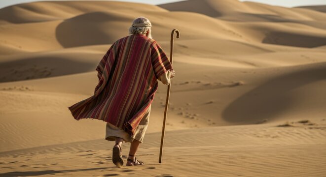 Elder man with staff walking bare feet a vast desert with sand dunes. Biblical times, ancient prophet concept. Spiritual journey, religious pilgrimage.