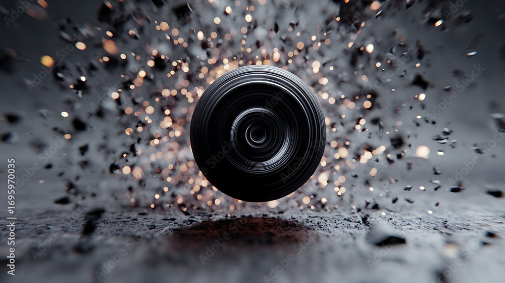 Poster abstract black sphere with explosion effect, creating a dynamic and dramatic visual, perfect for tec