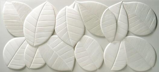 A decorative panel featuring a repeating pattern of embossed leaves in a light cream color