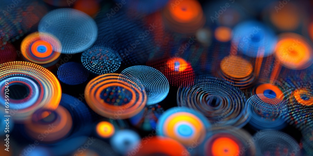 Poster abstract colorful composition of circles and shapes with geometric patterns in vibrant tones of blue