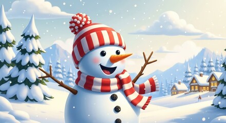 Fototapeta premium Happy Snowman in Winter Wonderland - Christmas Illustration