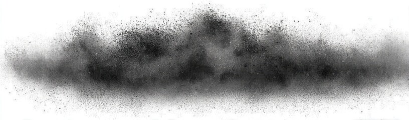 Abstract grayscale splatter, a textured cloud of dark particles against a white background