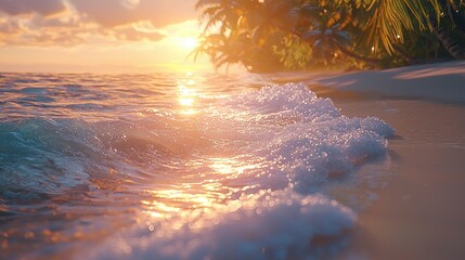 Sunset on a tropical beach with gentle waves, warm golden sunlight, lush palm trees, soft sandy shore, and vibrant orange and pink sky creating a relaxing coastal scene