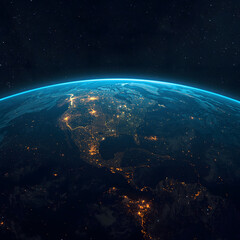 Obraz premium A luminous blue sphere, our world, floats in the black expanse of space, bathed in the distant light of the sun and surrounded by a veil of stars