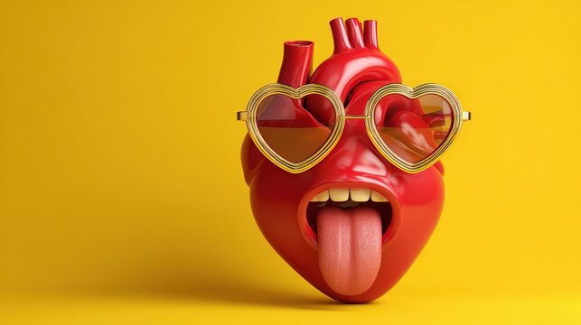 Vibrant red anatomical heart wea playful heart-shaped sunglasses with tongue out on bright yellow background for fun health theme
