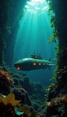 Sleek, bioluminescent seaweed submarine glides silently through an underwater kelp forest, its hull seamlessly integrated with the marine environment ,  environment,  hydrodynamic