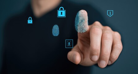 Person's finger scanning, security icons overlay