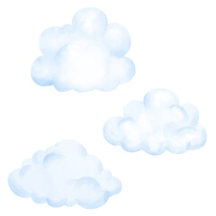 Fluffy blue clouds, a drawing in a children's style. Digital watercolor illustration. A set of cute clouds is isolated on a white background. For postcards and textile printing