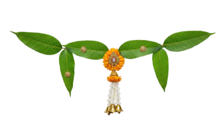 Floral Garland Composition: A captivating overhead perspective displays a meticulously arranged floral garland, showcasing an elegant combination of fresh leaves and delicate blossoms.