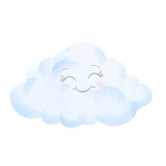 The fluffy cloud is squinting and smiling. Digital watercolor illustration. a child's cloud, isolated on a white background. For postcards, children's books, invitations and textile printing