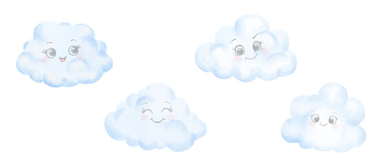 Fluffy clouds with cute eyes are smiling. Digital watercolor illustration. A set of funny clouds, isolated on a white background. For postcards, children's books, invitations and textile printing