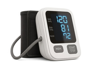 Digital blood pressure monitor showing normal blood pressure on transparent background