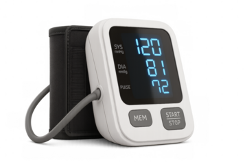 Digital blood pressure monitor showing normal blood pressure on transparent background