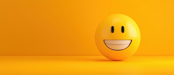 Fototapeta premium Bright yellow smiley face ball with cheerful expression on vibrant yellow background, playful and fun mood, simple happy object design