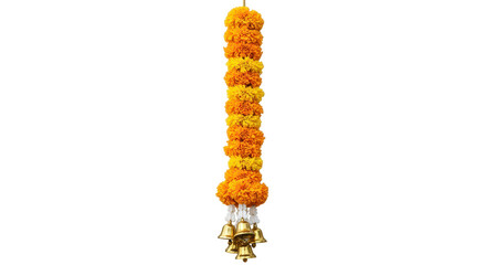 Festive Garland of Marigolds: A vibrant garland, predominantly of yellow and orange marigold blooms, hangs with decorative bells, exuding an atmosphere of joy and celebration.