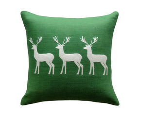A decorative green sequined throw pillow featuring a repeating pattern of three white reindeer silhouettes, perfect for holiday or winter home decor, isolated on transparent background