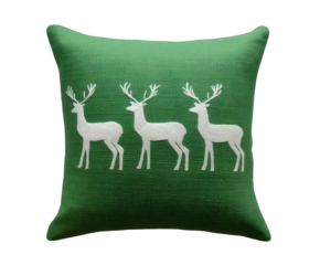 A decorative green sequined throw pillow featuring a repeating pattern of three white reindeer silhouettes, perfect for holiday or winter home decor, isolated on transparent background