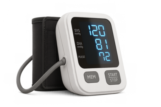 Digital blood pressure monitor showing normal blood pressure on transparent background