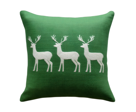 A decorative green sequined throw pillow featuring a repeating pattern of three white reindeer silhouettes, perfect for holiday or winter home decor, isolated on transparent background