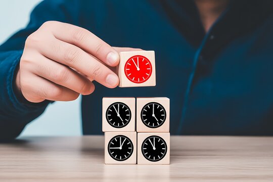 Man's hand placing red clock cube on wooden time management blocks.