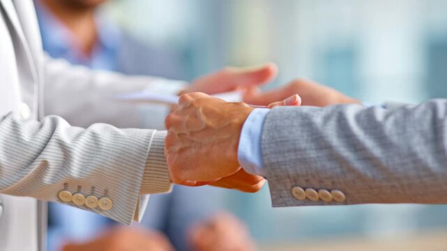 Business communication office meeting with hands exchanging paper document showing impact of tech layoffs work environment