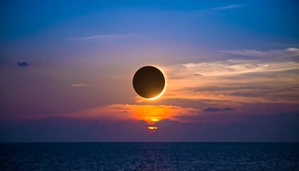 Stunning view of a total solar eclipse with the sun's corona visible over the tranquil sea against a vibrant twilight sky