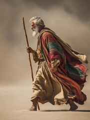 Obraz premium Wise old eastern man with staff walking across desert. Biblical prophet or apostle concept. Ancient Moses in a spiritual journey.