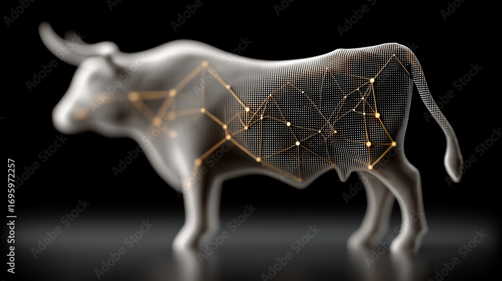Poster abstract bull symbol: an artistic rendering of a bull overlaid with a digital network, representing 