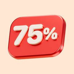 Red 75% or 75 percent sale or discount isolated on solid background. 3D rendering