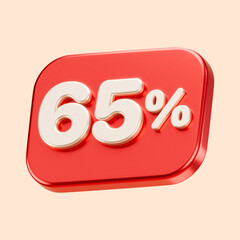 Red 65% or 65 percent sale or discount isolated on solid background. 3D rendering