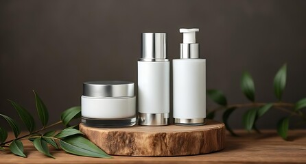 Elegant Cosmetic Product Display Featuring Three White and Silver Bottles and Jars on a Natural Wood Slice with Green Botanical Accents