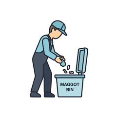 Man in uniform depositing waste into a "Maggot Bin" with the lid open, depicted in a simple, colorful illustration.