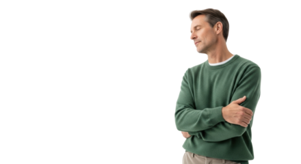 Caucasian man, mid-40s-50s, green sweater, beige trousers, arms folded, contemplative, against transparent studio background with copy space, concept of quiet introspection