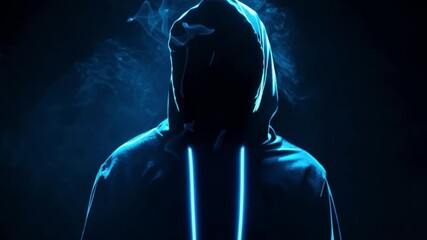 Hooded hacker silhouette glowing neon lines dark cyber, anonymous figure in futuristic hoodie representing cybersecurity threat, digital crime technology concept, data breach risk, artificial intellig - Powered by Adobe
