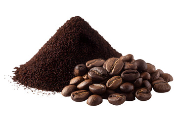Close up of roasted coffee beans and ground coffee.