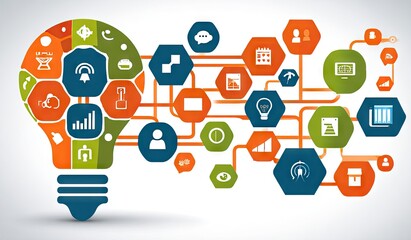 Lightbulb shaped graphic with interconnected icons representing business concepts