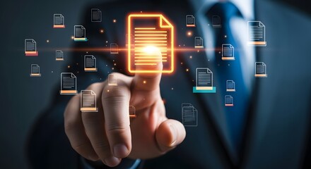 Businessman interacting with digital documents and data streams on a futuristic interface