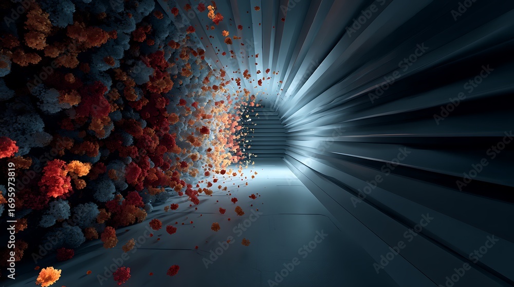 Poster abstract tunnel with colorful particles creates a vibrant and surreal atmosphere, perfect for convey