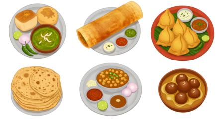 Indian Food Set illustration Traditional Indian thali meal with curry, bread, rice, and side dishes on plate. Ideal for Indian cuisine and cultural food concept