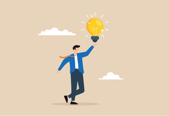 Obraz premium Flat illustration of businessman hold bright lightbulb creativity finding inspiration solution expert solving problem leader giving advise professional help eureka moment