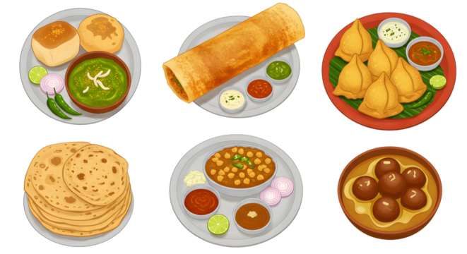 Indian Food Set illustration Traditional Indian thali meal with curry, bread, rice, and side dishes on plate. Ideal for Indian cuisine and cultural food concept - Powered by Adobe